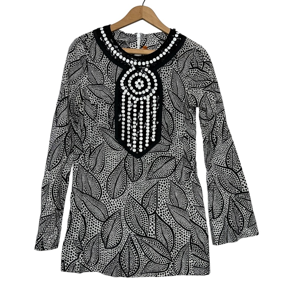 Tory Burch black & white cotton tunic top w/ leaf print & sequin embellishments